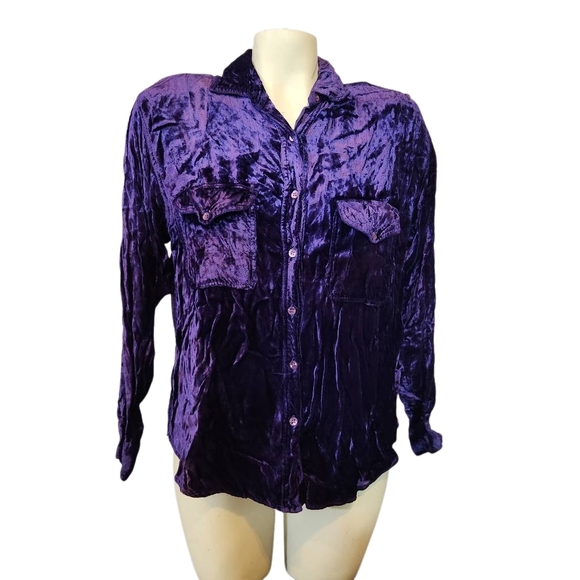Cotton Express Vintage Purple Crushed Velvet Button-Up Shirt Size Medium - Picture 1 of 5